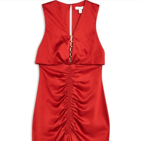 Topshop Ruched Red Satin Dress - Size 14 - Picture 5 of 10